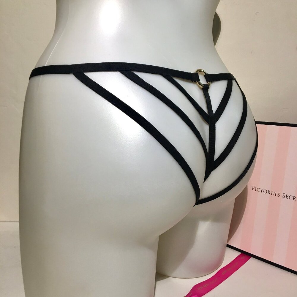 RARE Victorias Secret Strappy Open Ring Back Velvet Cheeky Panty Black M